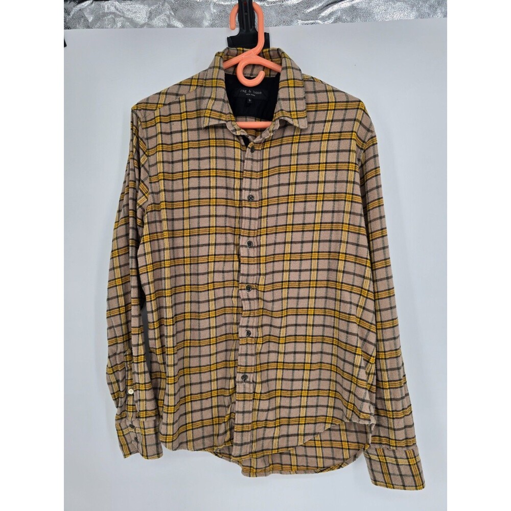 Rag & Bone Large Flannel Long Sleeve Mens Shirt Plaid Yellow Black Button Down
